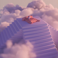 Ein futuristische Animation in rosa, lila und pink Tönen, die eine Treppe in den Wolken zeigt, auf der ein Bett thront.